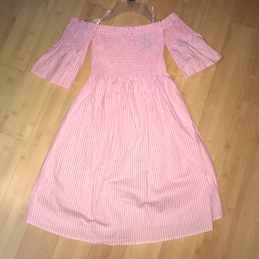 Pink and White Smocked Off-Shoulder Dress